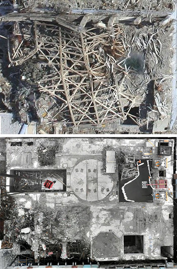 An aerial photo (top) shows the extensive damage that occurred in Fukushima No. 1 nuclear power plant’s reactor building 3 following a hydrogen explosion on March 11, 2011. A photo taken in 2016 (above) shows the progress Tepco has made over the past five years. | TOKYO ELECTRIC POWER CO.  
                          