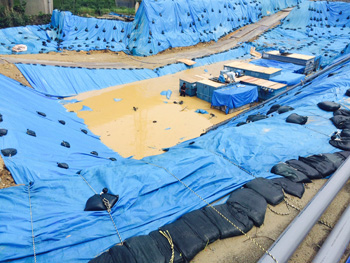 Japanese workers toil without safety gear at the flooded U.S. military dioxin dump site in Okinawa City in August 2015. The land used to be part of Kadena Air Base, the Pentagon's busiest Okinawa installation during the Vietnam War. 