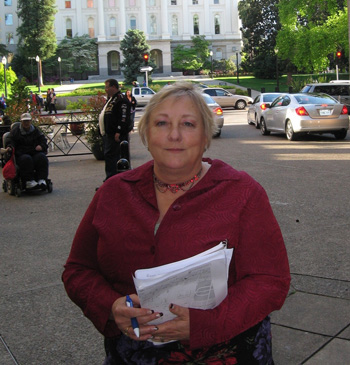 Caethe Goetz, photographed in 1975 and in front of the State Assembly in Sacramento in 2010, where she spoke about her exposure to Agent Orange on Okinawa. Goetz died in 2012.