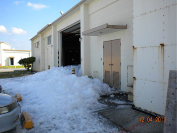 A malfunction led to the discharge of 2,300 liters of fire-fighting foam, a substance linked to water contamination, in December 2013. 