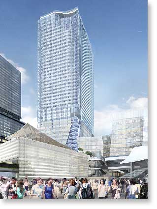 A 230-meter-tall skyscraper will be constructed next to the Yamanote and Saikyo line tracks. (Courtesy of Tokyu Corp.)