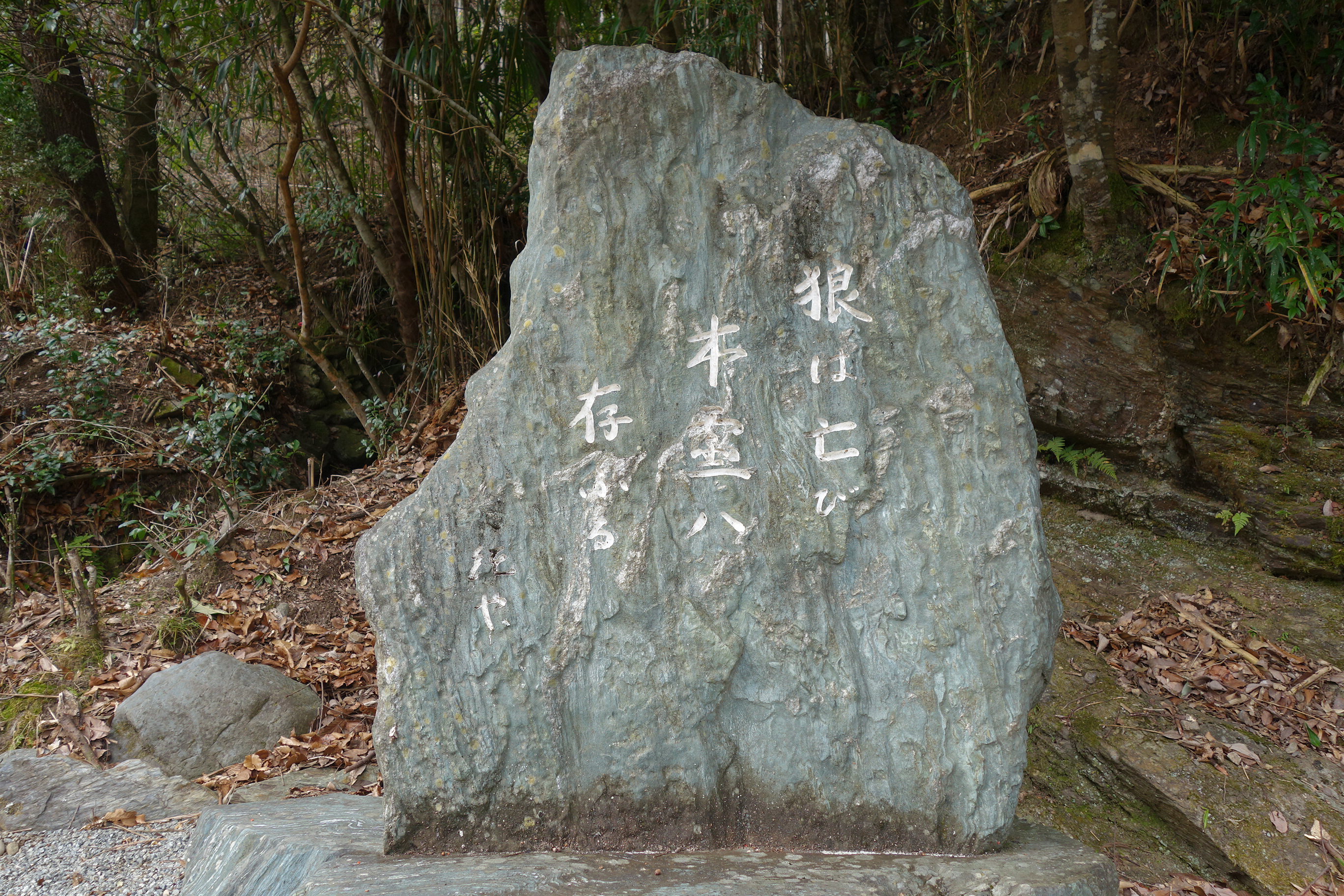 A weathered stone monument close to the statue of the Japanese wolf in Higashiyoshino Village bears a haiku by poet and academic Junya Mimura. It reads, “The wolf has perished, its spirit lives on.” | ALEX K.T. MARTIN